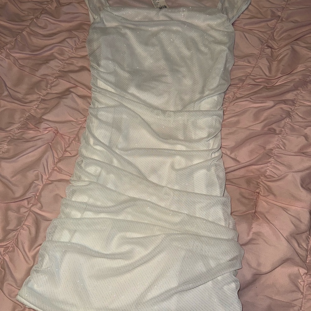 Misty Rose cozy fox white mesh bodycon dress with glitter detailing stretches